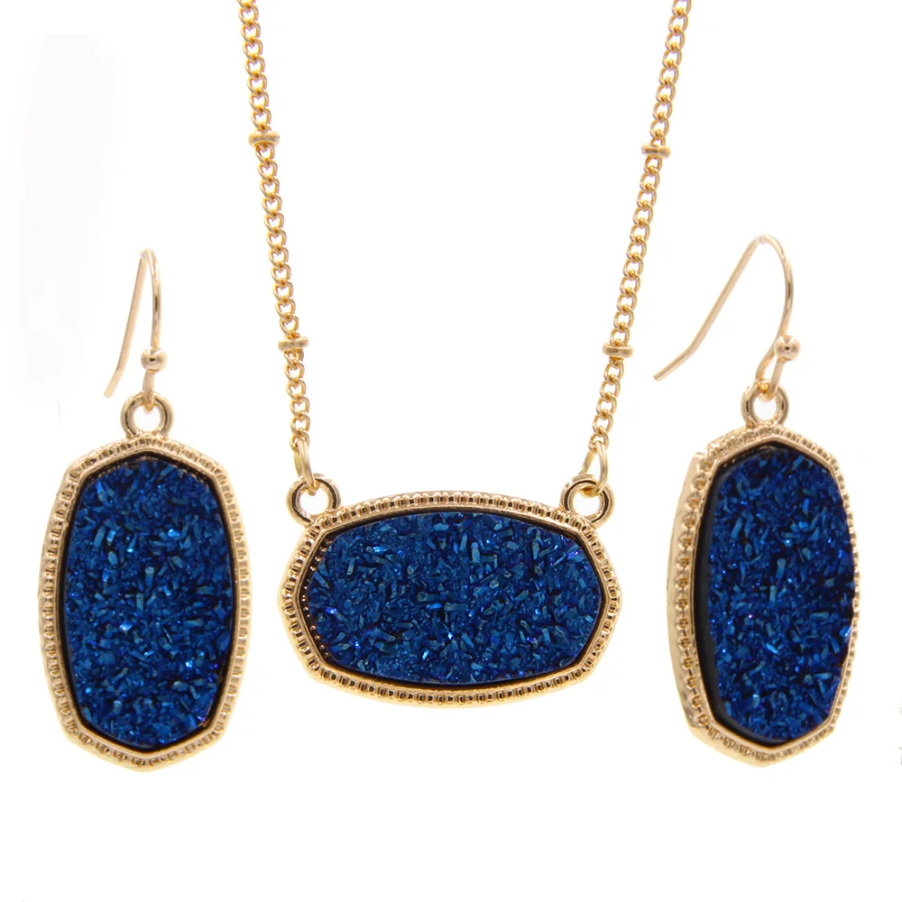 YJX черный Мини переливающийся Drusy Druzy Овальный кулон ожерелья с Висячие серьги ювелирный набор блеск бутик