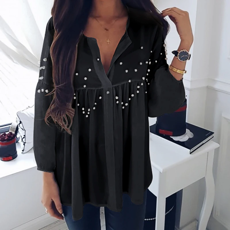white blouses shirt pearl beading office lady casual woman spring of 2018 Spring Camis Blusas clothing WS6098k |