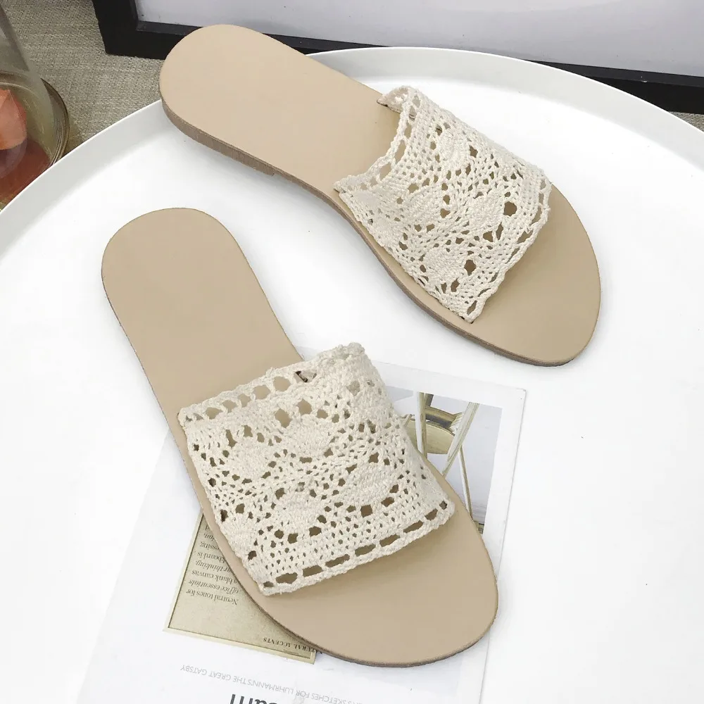 2018 г. женские летние шлепанцы без застежки на плоской подошве с кружевом пляжные