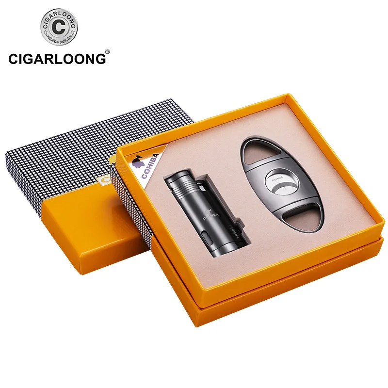 

CIGARLOONG Зажигалка для сигар ветрозащитная прямая Зажигалка для сигар 2 комплекта ножниц для сигар CQ-0114