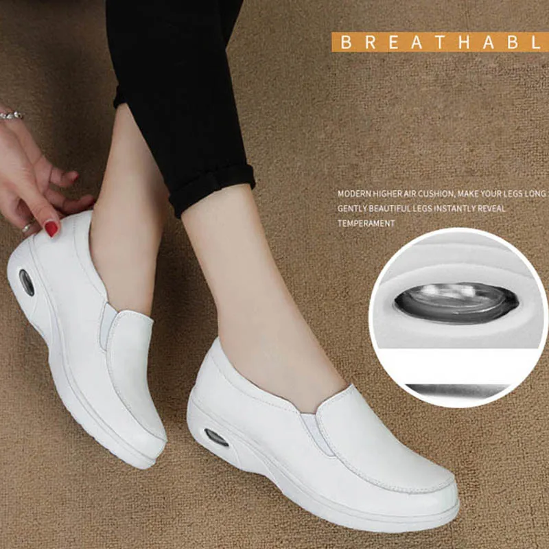 New Genuine Leather Women White Nurse Shoes Ladies Casual Platform Flats Comfortable Massage For Doctor Work | Обувь
