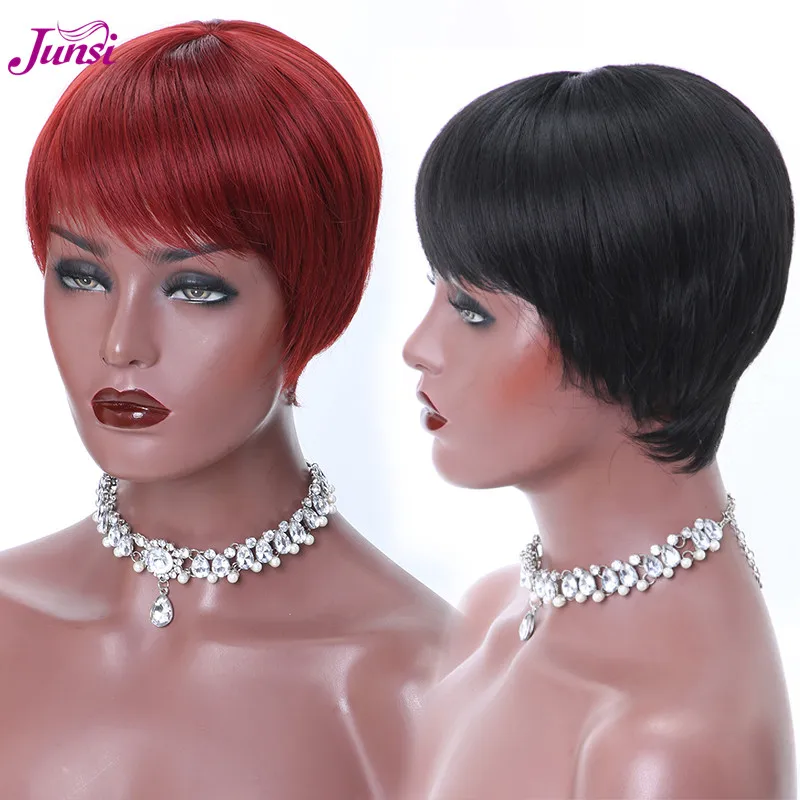 JUNSI Волосы Короткие Красный Черный Pixie Cut синтетические парики для женщин натуральные парики