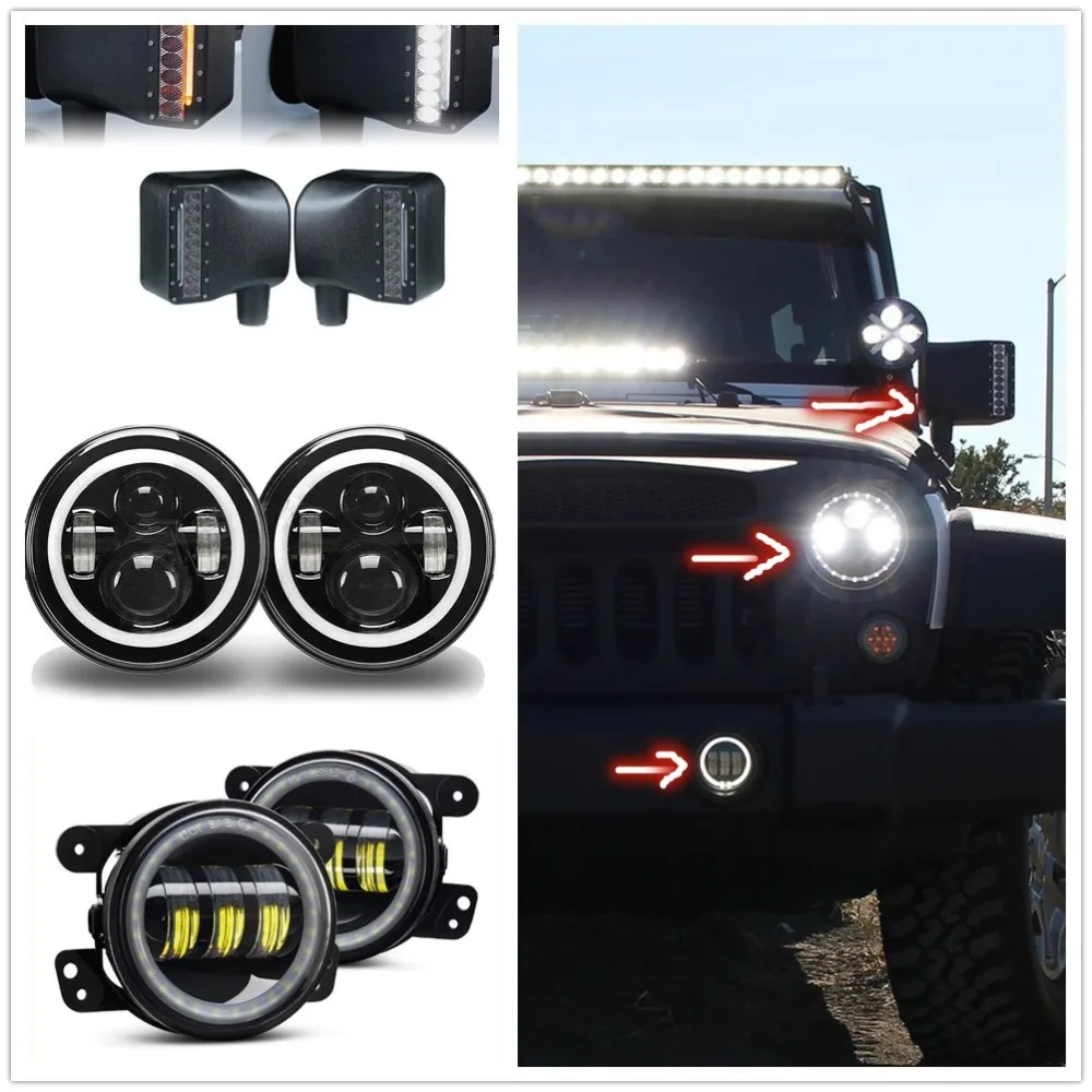 Для Jeep Wrangler JK фары 7 &quotLED + Halo 4&quot Противотуманные боковое зеркало заднего вида