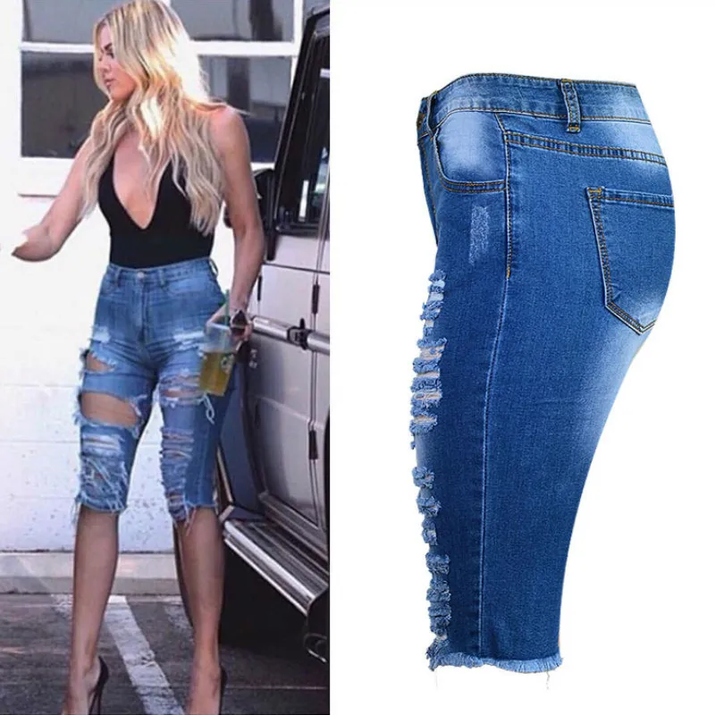 Женские рваные джинсы до колена с высокой посадкой|high waist ripped|jeans woman sexyhigh ripped jeans |