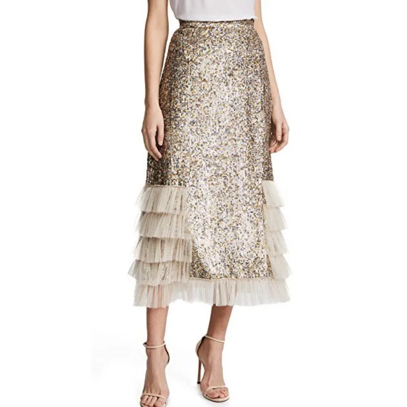 Женская юбка с оборками Однотонная фатином и молнией ниже колена|sequin skirt|fashion