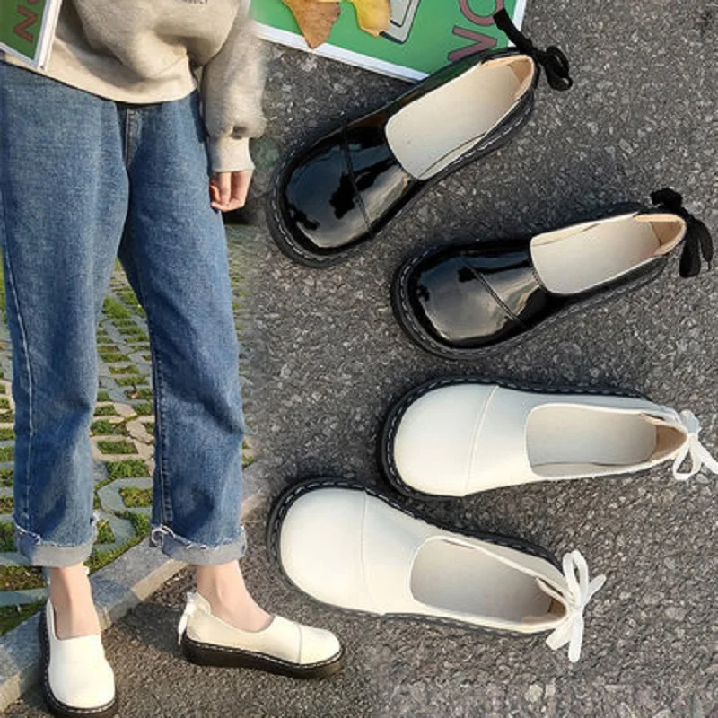 Фото Женская обувь Новинка 2019 года стиль Harajuku ulzzang женские кожаные туфли с круглым