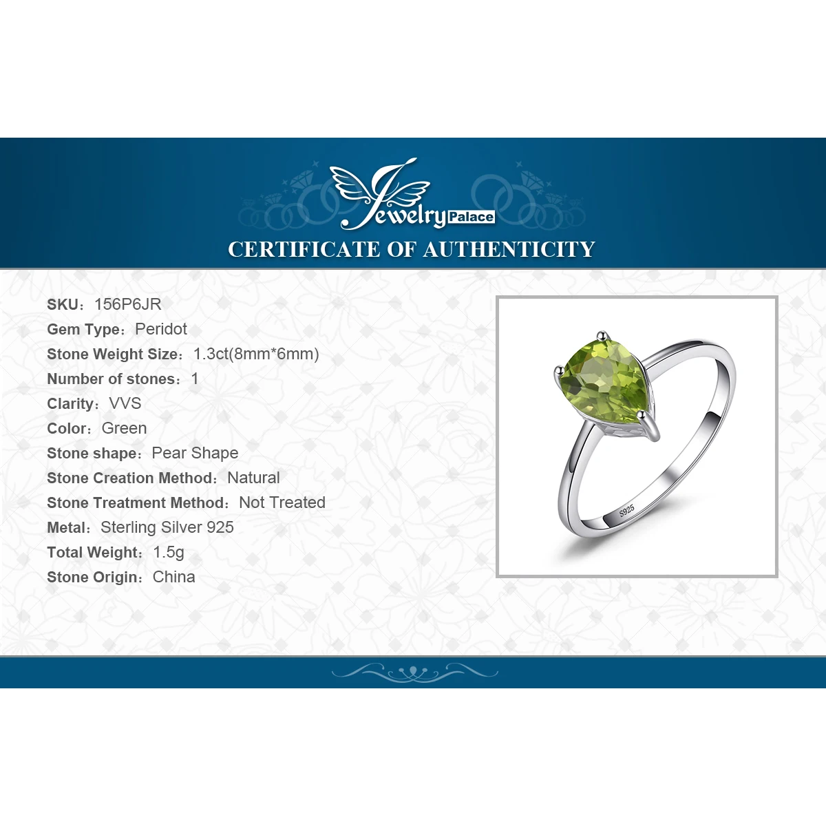 Jewelrypalace капли воды 1.2ct Природные Перидот Кольца для Для женщин Pure 925 Серебряное кольцо Красивые ювелирные изделия Новинка на продажу