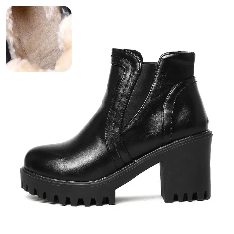 TAOFFEN/женские зимние ботильоны теплая обувь с Плюшевым Мехом женские ботинки на высоком каблуке с эластичным ремешком обувь на платформе с круглым носком Размеры 33-43 - Цвет: black fur
