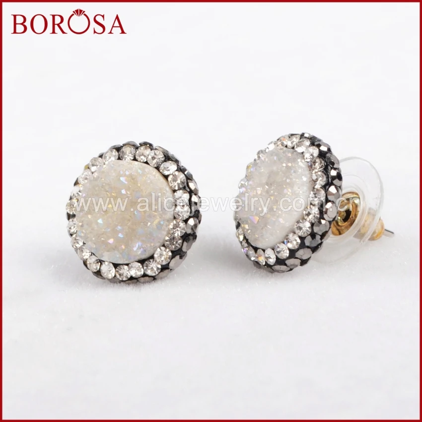 Круглые серьги гвоздики BOROSA из натурального агата Drusy титана AB Druzy с выложенным