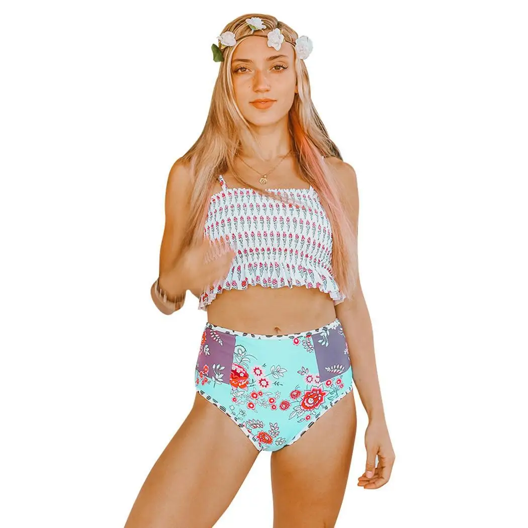 Женский Летний набор бикини напечатан высокой талией из двух частей тонкий топ с