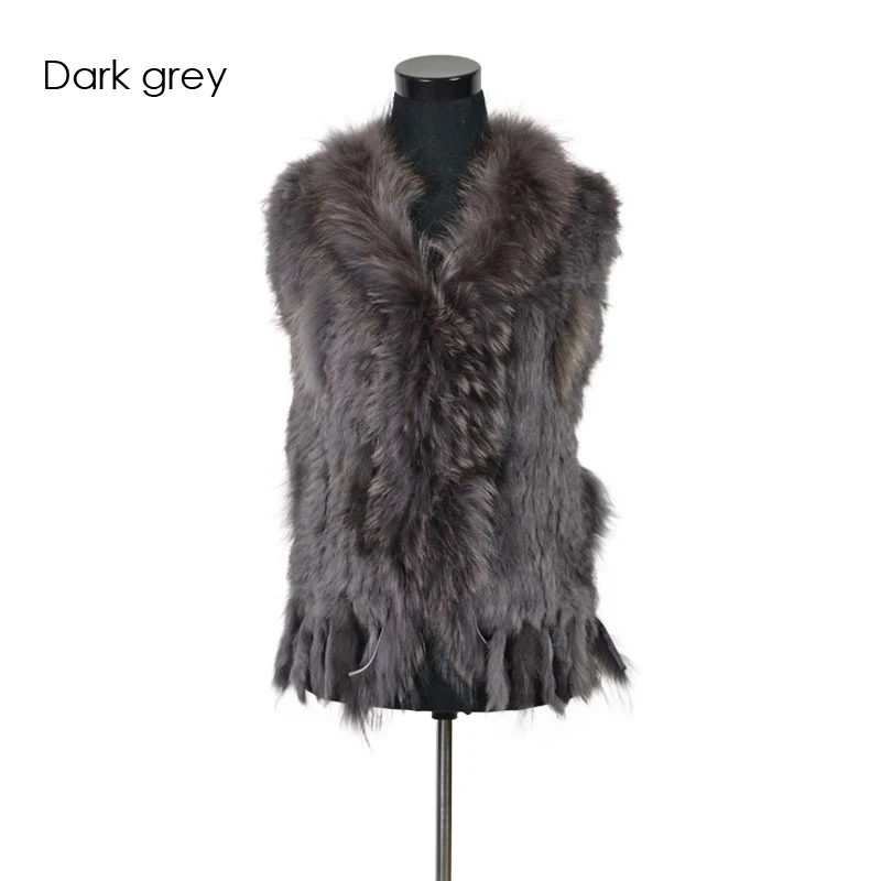 dark grey VR001-17,, женский жилет из натурального кроличьего меха с воротником из меха енота, жилет/куртки из кроличьего меха - Цвет: dark grey