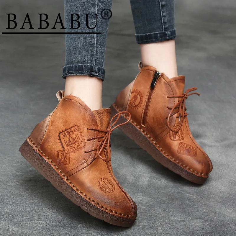 Brown Bababu/Винтажные повседневные женские мокасины; ботильоны из натуральной кожи; зимние женские ботинки ручной работы; Женская Осенняя обувь - Цвет: Brown