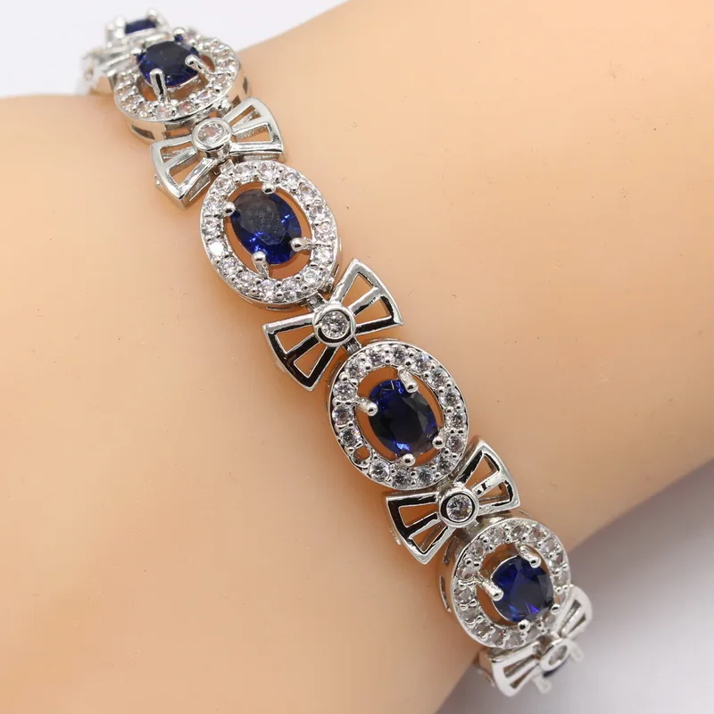 925 пробы серебряный браслет наборы для женщин Овальный темно синий Цирконий