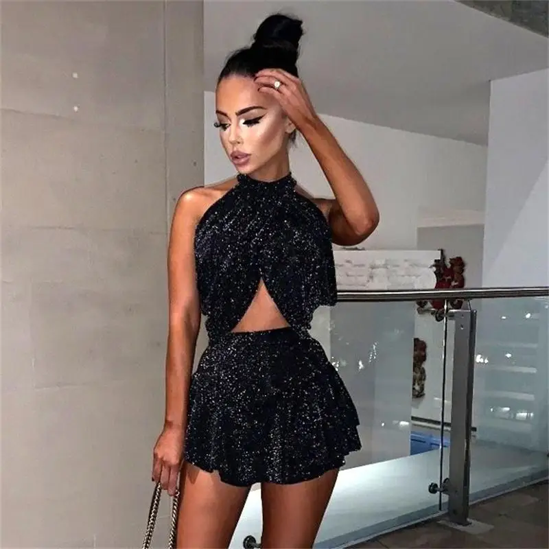 Black Женские черные блестящие летние комплекты из двух предметов, короткие юбки, укороченный топ, без рукавов, на бретелях, сексуальные женские комплекты, вечерние, элегантные, сексуальные женские комплекты - Цвет: Black