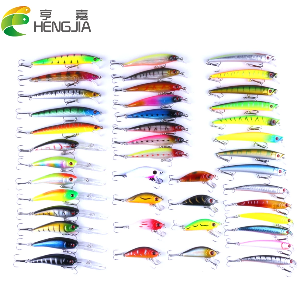 HENGJIA Minnow 43 шт./лот Fly рыболовная приманка набор Китай твердая с крючком воблер Карп