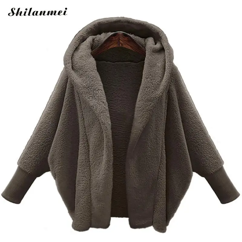 light brown Повседневное женское пальто из искусственного меха осень зима длинный рукав с капюшоном искусственная куртка пальто однотонный Свободный кардиган Casaco Feminino - Цвет: light brown
