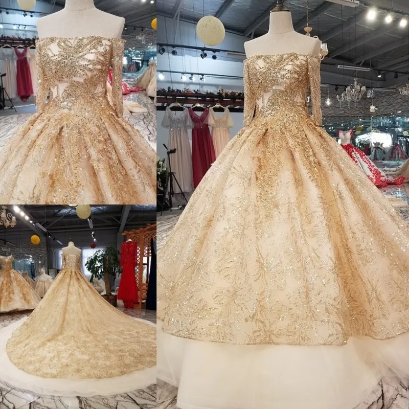 Свадебное платье 2018 Роскошное бальное с длинным рукавом и вырезом лодочкой