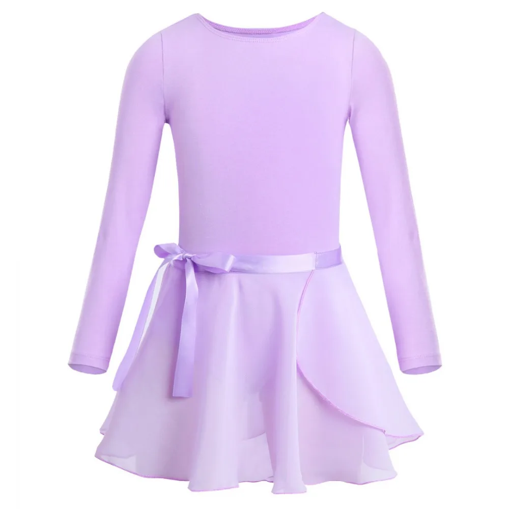 Girls Ballet Leotard Dancewear Cotton Long Sleeves Ballet Dance Class Gymnastics with Chiffon Tied Skirt Set Ballerina Clothing