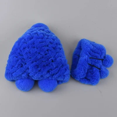 Blue set Зимние меховые шапки для девочек из натурального меха кролика Рекс, шапка-ушанка с шариками, детская вязаная шапка с помпоном ручной вязки, шапочки, шарф-кольцо - Цвет: Blue set