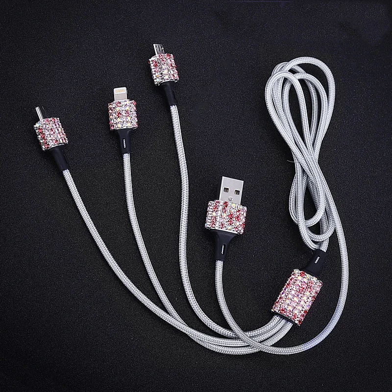 Dual USB Car Charger For Mobile Phone Tablet GPS Fast Charger Crystal Diamond Phone 3 Data Line Wire in Car Cigarette Lighter