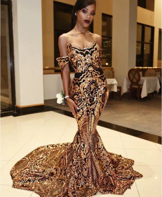 JaneVini African Black and Gold Mermaid Prom Dresses 2019 Long Off Shoulder Women Sequined Evening Gowns vestido baile gala 2020 | Свадьбы и