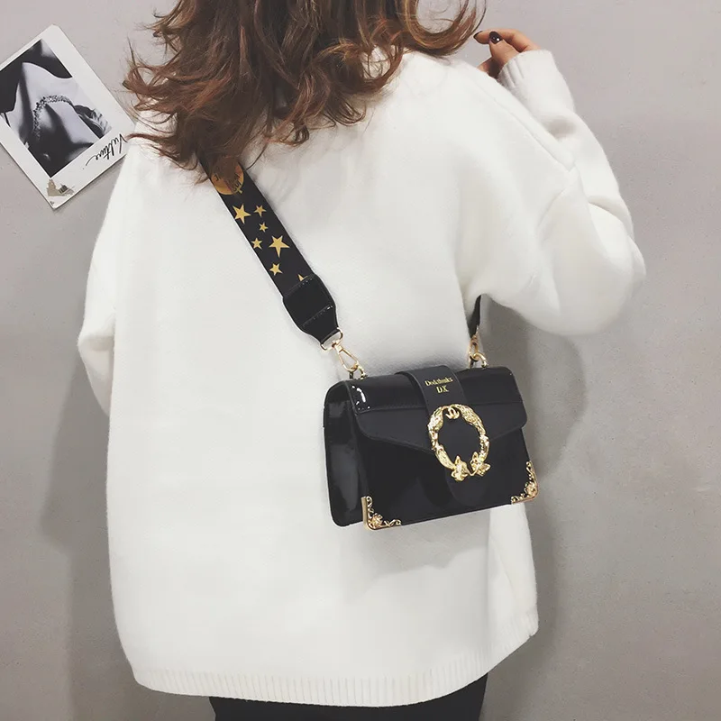 Роскошные Глянцевые кожаные сумки на плечо с золотыми пряжками и камнями Женская