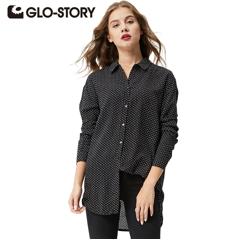

GLO-STORY Women Polka Dot Printed Long Sleeve blouse 2018 casual shirts Fashion Loose cotton tops blusas WCS-3664