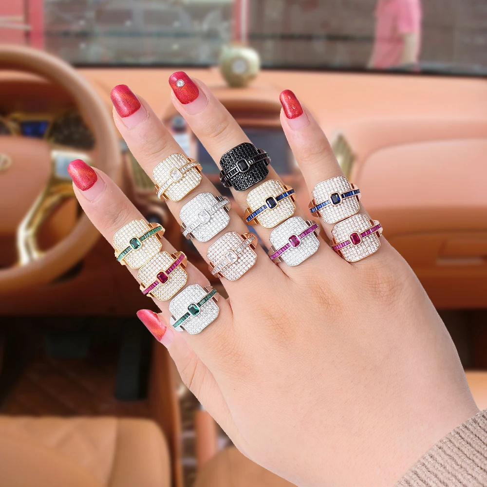 SISCATHY Hot Trendy Geometric Wide Cubic Zirconia Rings for Women Fashion Jewelry Dubai Bridal Engagement Wedding Rings
