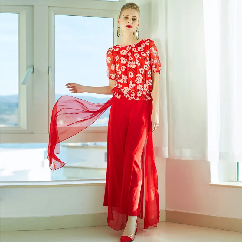 Летняя шелковая футболка PIXY женская красная с коротким рукавом и принтом пляжный