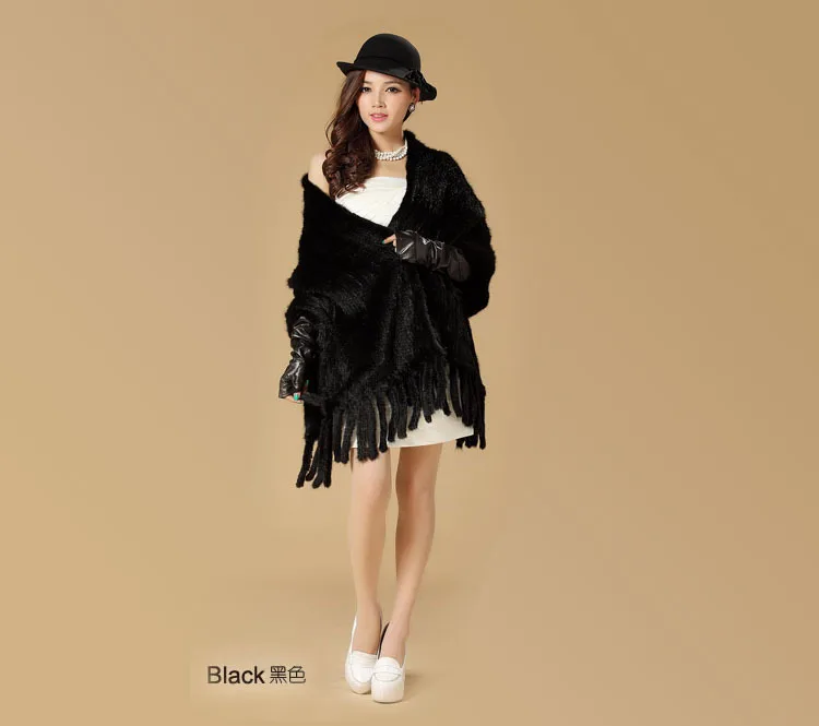 Black Плащ-накидка из норки, мех норки, вязаная кисточка, большой шарф, черная норковая шаль с карманом и бахромой, меховой шарф, EMS - Цвет: Black