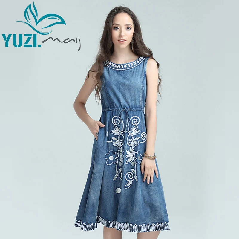 Летнее платье 2017 Yuzi.may Бохо новые джинсовые женские платья с круглым вырезом на