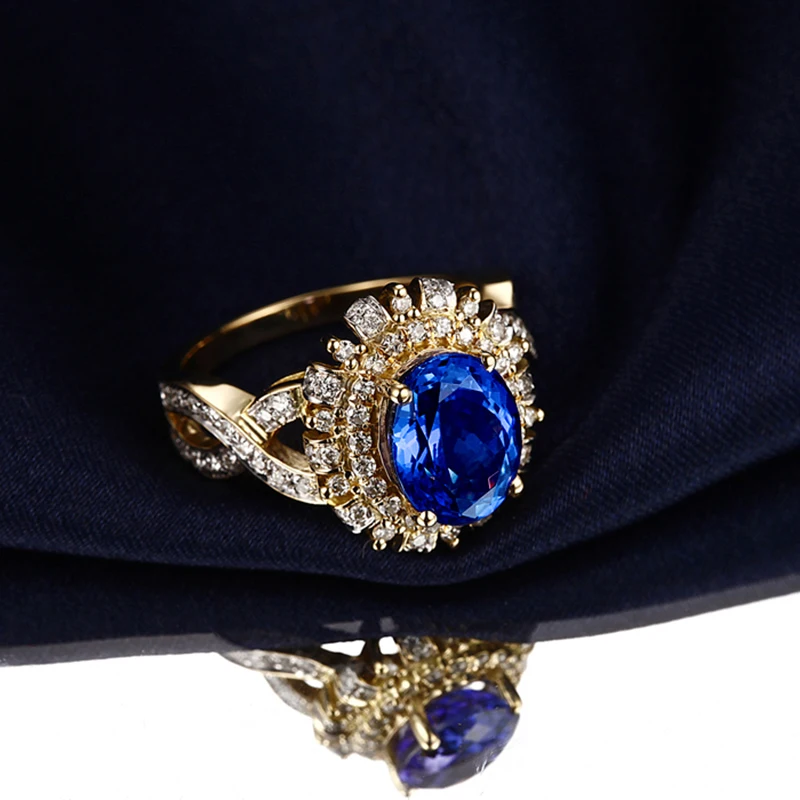1.98ct 7x9 мм Синий танзанит 0.59ct H SI бриллиантовое обручальное кольцо 14k желтое золото