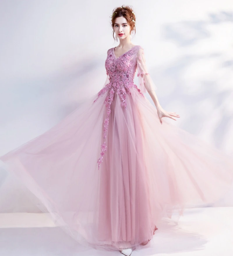 SSYFashion/Новинка; милое розовое кружевное вечернее платье с цветами; платье для невесты, банкета, с рукавами-бабочками, с аппликацией, длиной до пола; вечерние платья для выпускного вечера