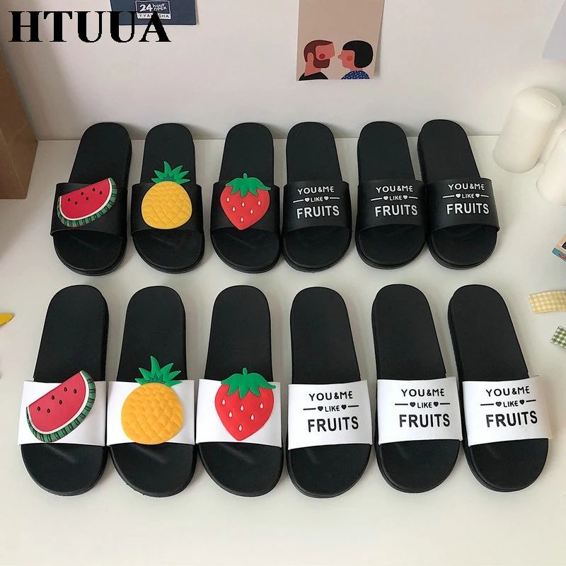 HTUUA новые Мультяшные тапочки с фруктами Для женщин на плоской подошве сланцы