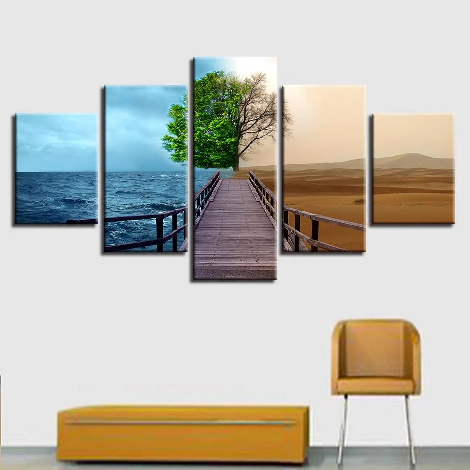 

Wall Art HD Print 5 Pieces Wooden Bridge Tree Blue Sea And Desert Scenery Pictures Modular Canvas Abstract Paintings Decor Frame