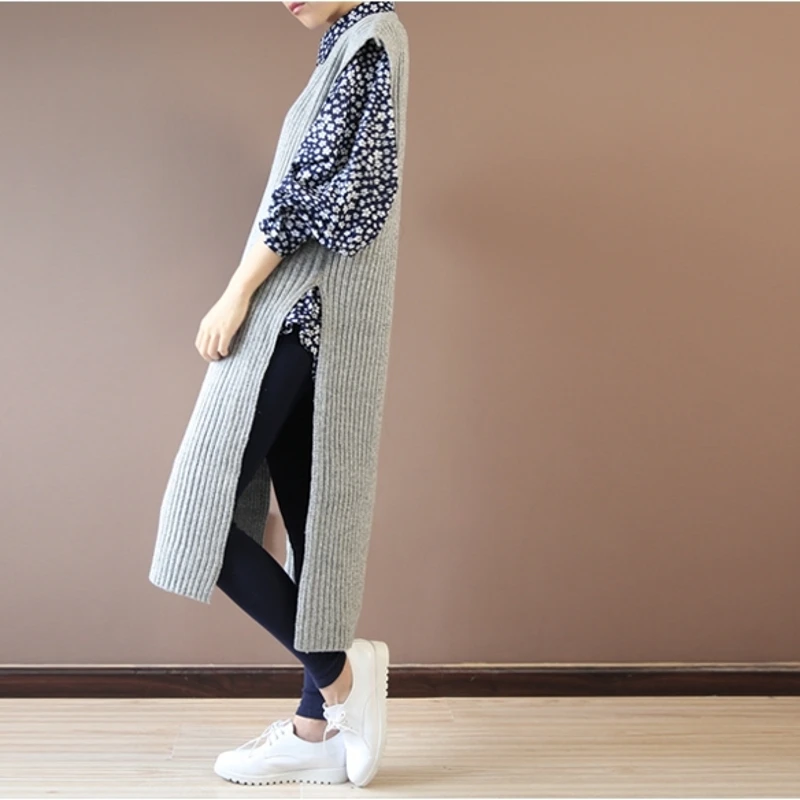 

WM005 Autumn 2017 vintage loose thick knitted tank dress high slits sweater dress women