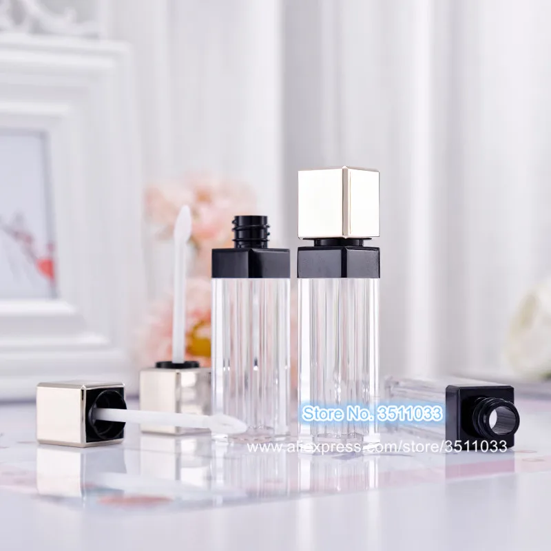 Прозрачная квадратная трубка для блеска губ с золотым колпачком 5 мл пластиковая