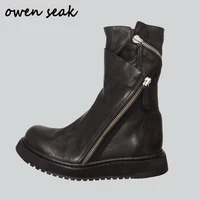 owen seak men shoes high top ankle boots luxury trainers genuine leather boots casual zip flats black big size brand sneaker