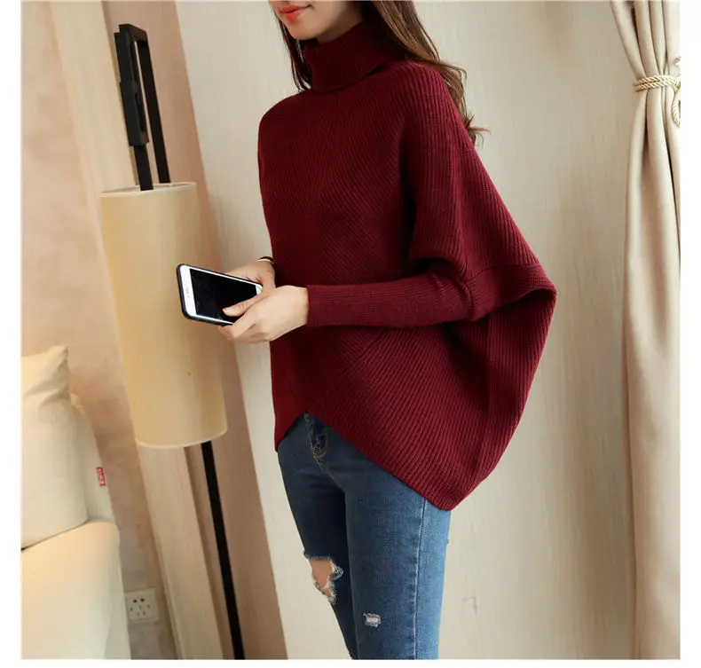 Autumn Winter Loose Bat Sleeve knit Sweater Pullover Women Contrast Color Turtleneck Knitted Sweaters And Pullovers Female Tops | Женская
