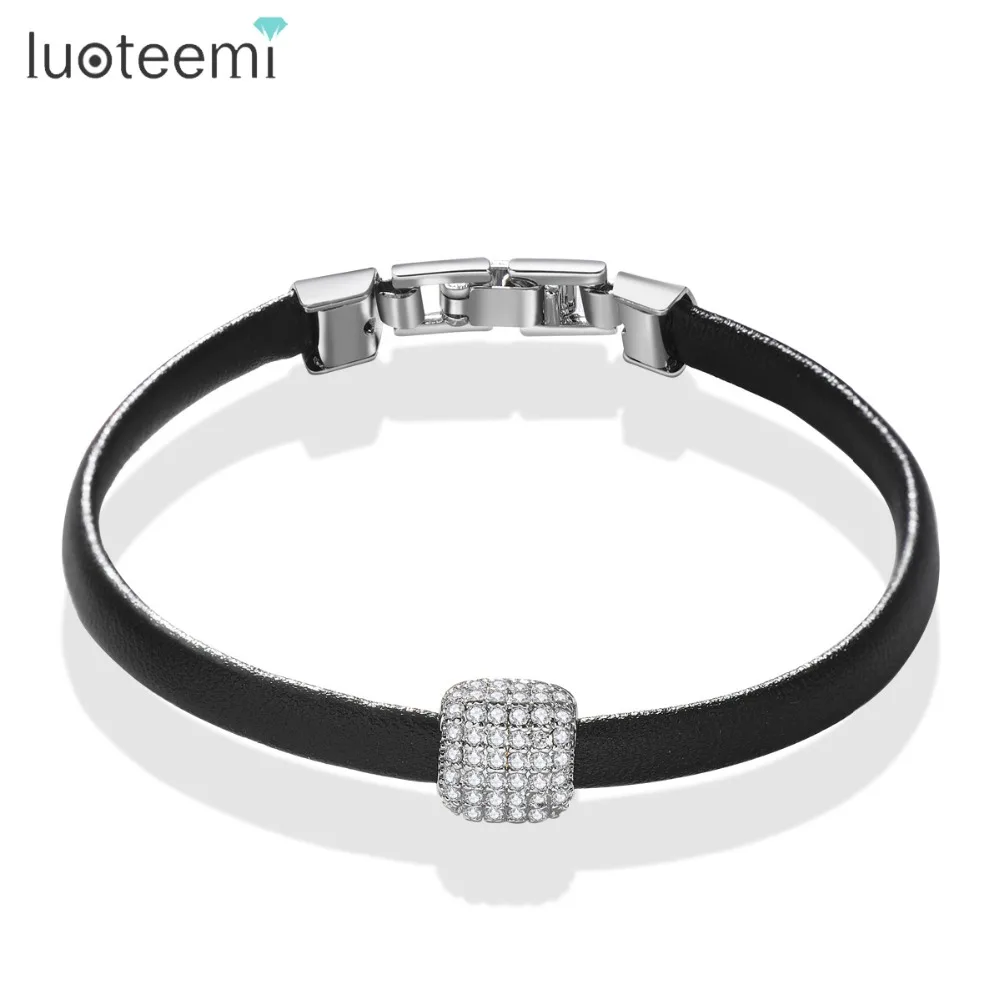 Изящный Подарок LUOTEEMI для любви кожаный браслет с подвеской и сияющим кубическим