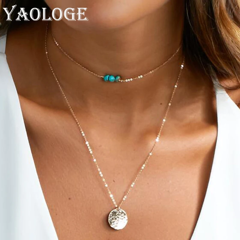 YAOLOGE Hot Sale Fashion Metal Double Necklace Simple Round Dangler Clavicle Chain Statement Jewelry Women Accessories | Украшения и