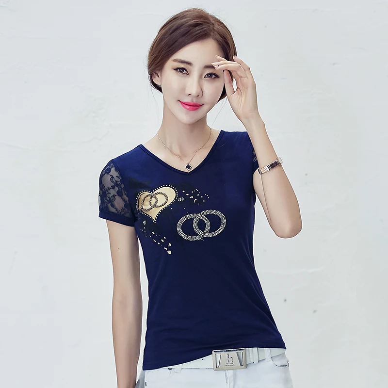 Модная облегающая футболка с принтом бриллиантов женские летние топы кружевная