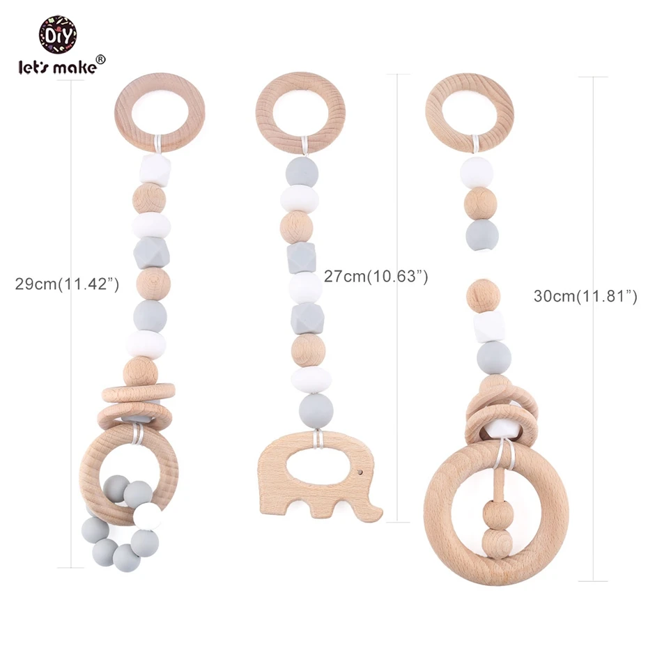 Let's Make Baby Toys Wooden Teether Teething Beech Wood Ring Sensory Baby Gym Toy Chew Silicone Teether Play Gym Baby Rattles