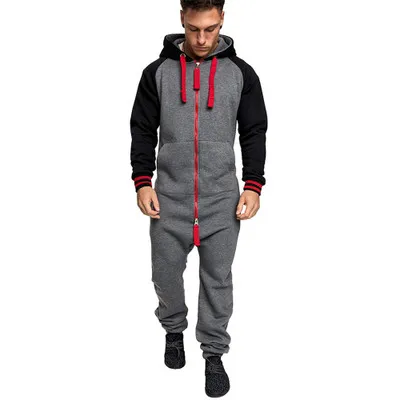 Gray and Red Мужской комбинезон на молнии Лоскутная Толстовка с длинными рукавами флисовый комбинезон для сна для взрослых одежда для сна спортивная одежда - Цвет: Gray and Red