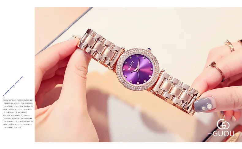 GUOU модные женские часы для женщин с блестящими бриллиантами Reloj Mujer роскошный браслет из розового золота женские часы