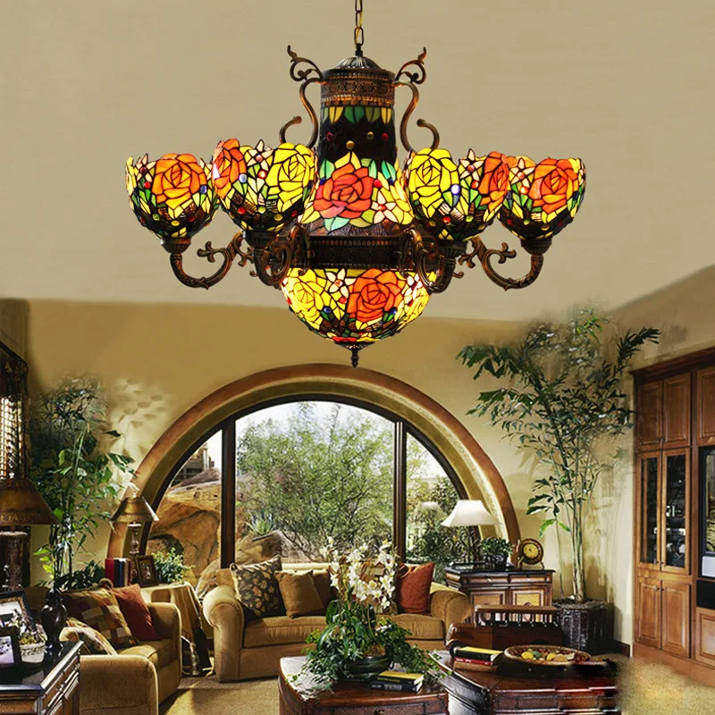 

FUMAT Chandeliers Stained Glass Lights Fixtures Pendant Lamp For Bedroom Rose Flower Lights 6 Heads E27 LED Bedroom Chandelier