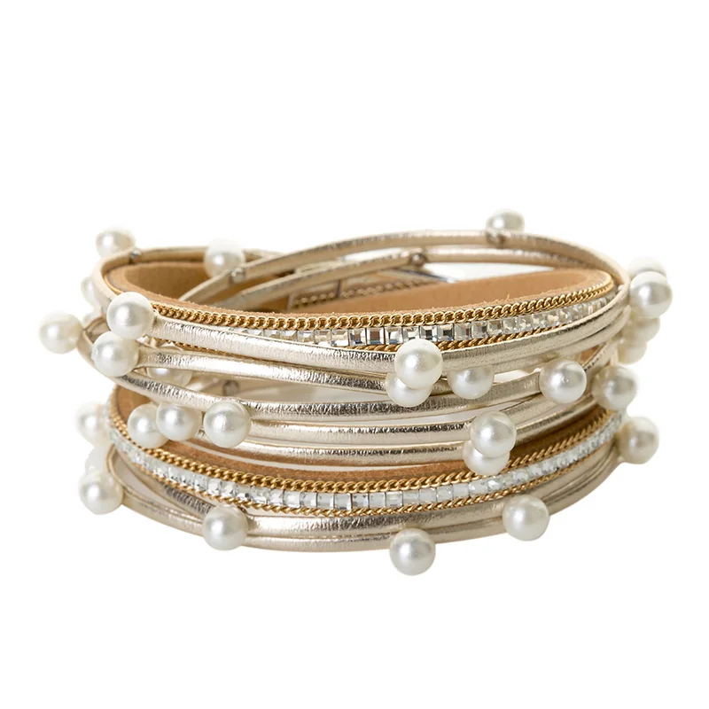pearl gold LEMOER модные длинные несколько слоев кожаный браслет для женщин и мужчин Веревка Цепи бусины Подвески браслеты и браслет вечерние ювелирные изделия подарок - Окраска металла: pearl gold