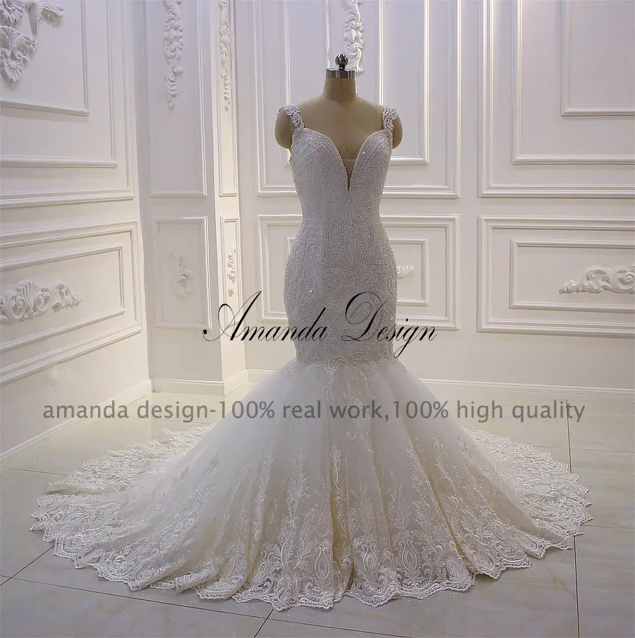 Аманда дизайн robe de mariee grande с коротким рукавом аппликационные Жемчужины для Кружева Русалка свадебное платье