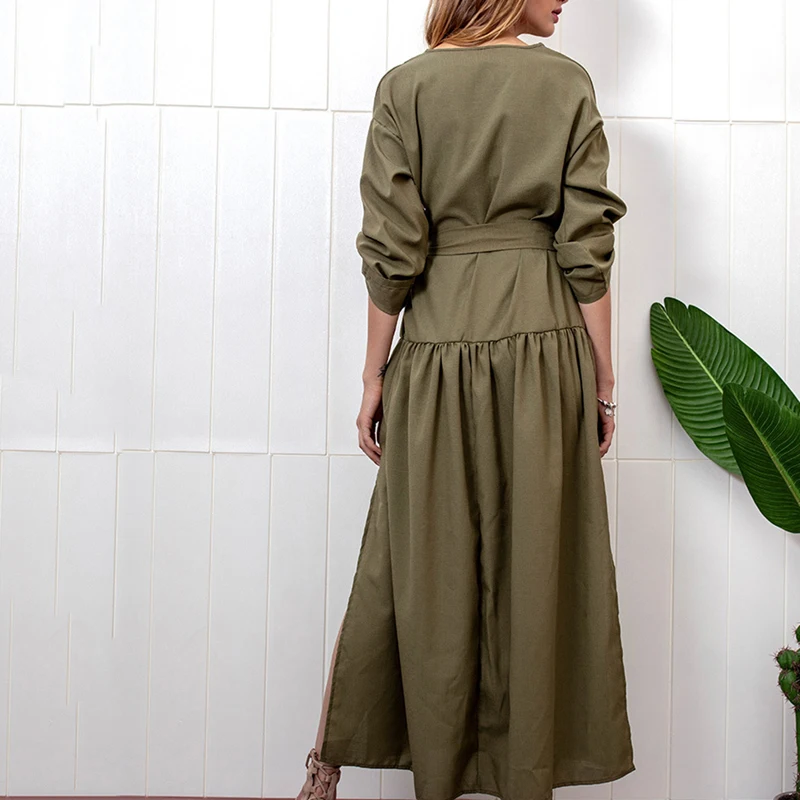 Женское платье Осень сексуальный v-образный вырез Высокая талия Сплит длинный