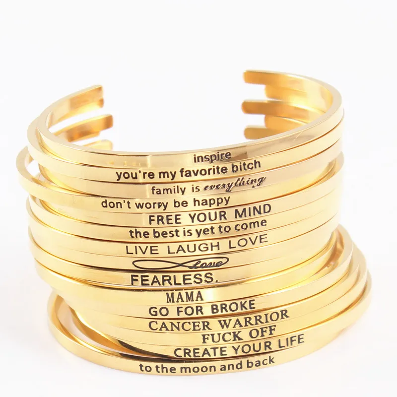 Personalized Custom Engrave Quotes Bangle Bar Cuff Bracelet Gold Color Bracelets For Women Bangles | Украшения и аксессуары